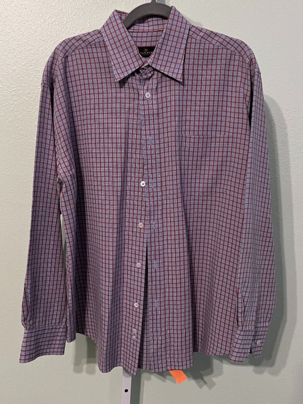 Bugatchi Light-Grey & Red Gingham Long-Sleeve Button-Up SZ Large